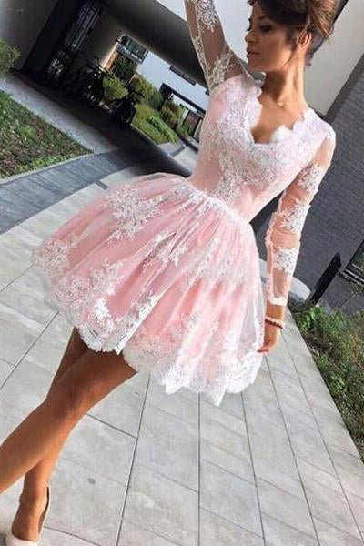 Cute A-line Long Sleeves Pink Short Lace Appliques V-Neck Homecoming Dress WK45
