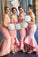 Baby Pink Mermaid Off the Shoulder Hi-Low with Ruffles Sweetheart Lace Top Bridesmaid Dress WK468