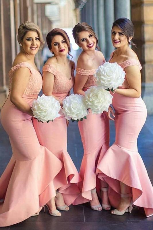 Baby Pink Mermaid Off the Shoulder Hi-Low with Ruffles Sweetheart Lace Top Bridesmaid Dress WK468