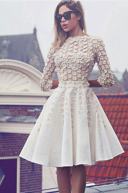 Glamorous Lace Short Flowers A-Line 3/4 Sleeves Hoco Knee-Length Homecoming Dresses WK301