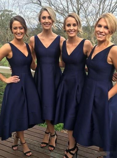 Elegant A-Line V-Neck Sleeveless Hi-Low Navy Blue Satin Bridesmaid Dress WK92