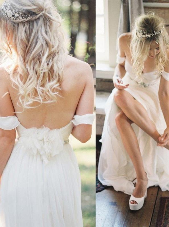 2024 Elegant Off-shoulder Beading Sash Backless White Long Chiffon Wedding Dresses WK174