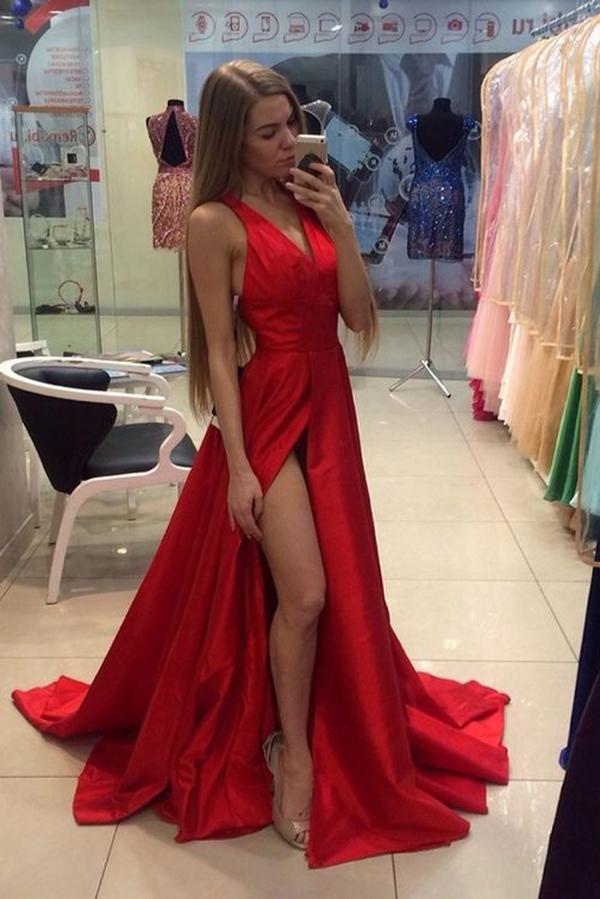 A Line Red Sleeveless V Neck with Side Split Floor Length Open Back Satin Prom Dresses WK52