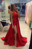A Line Red Sleeveless V Neck with Side Split Floor Length Open Back Satin Prom Dresses WK52