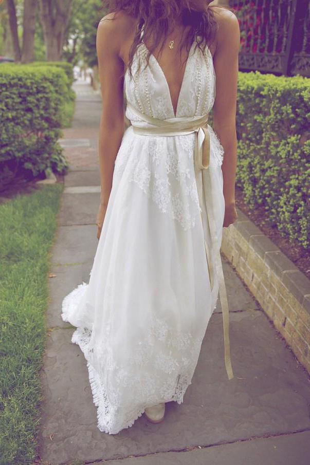 2022 New Style Deep V-Neck A-Line Sleeveless White Open Back Sexy Ivory Lace Wedding Dress WK862