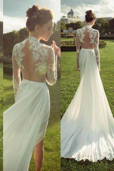 Gorgeous High Neck Long Sleeve See Through Lace Top Side Slit Ivory Chiffon Wedding Dress WK625