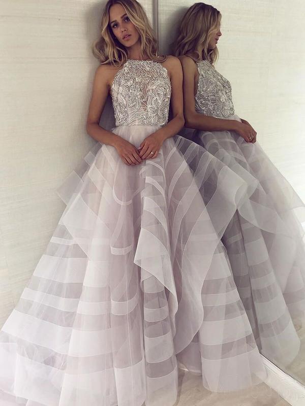 Chic A-Line Scoop Tulle Sparkly Beading Ball Gown Asymmetrical Backless Prom Dresses WK302