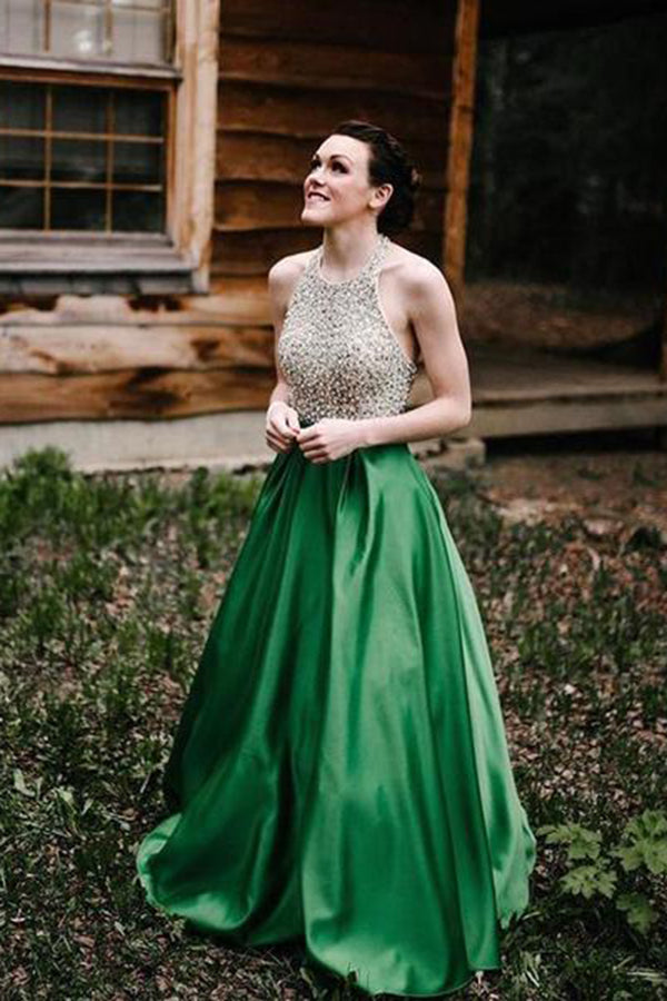 Simple Halter With Sleeveless Green A Line Floor Length Prom Dresses