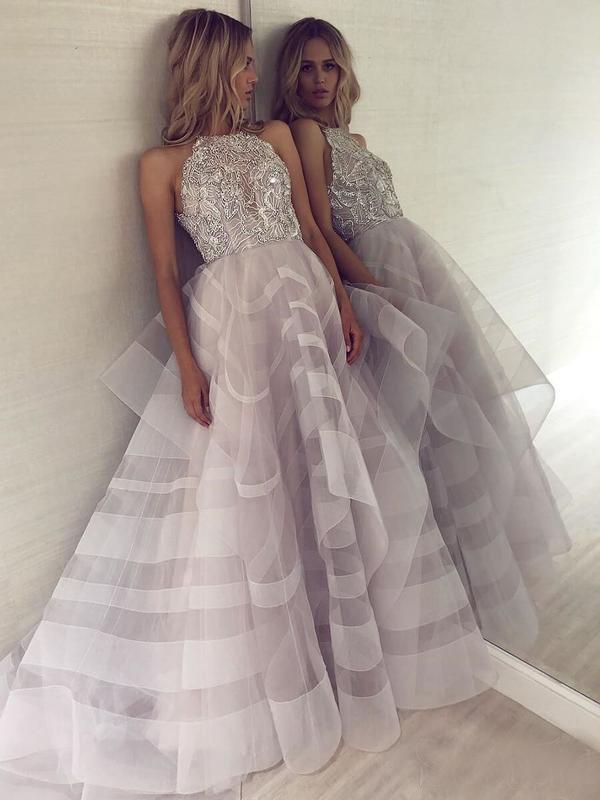 Chic A-Line Scoop Tulle Sparkly Beading Ball Gown Asymmetrical Backless Prom Dresses WK302