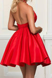 Cute A Line Round Neck Open Back Satin Red Short Homecoming Dresses with Lace WK948