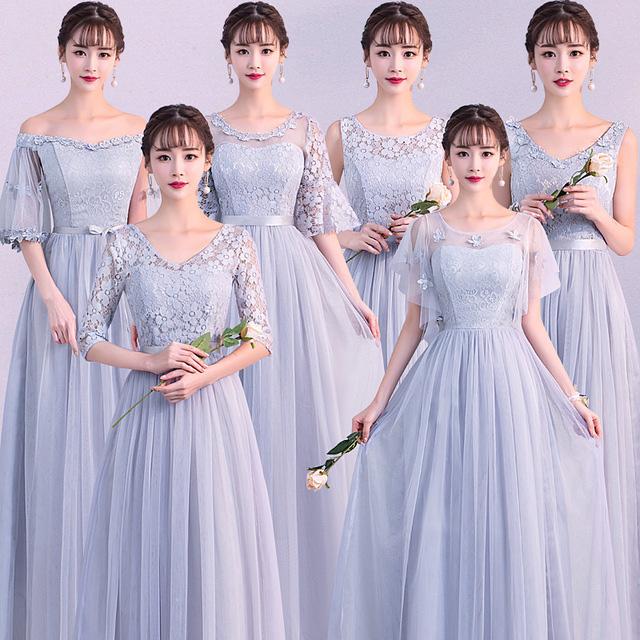 Off the Shoulder Blue Short Sleeve Tulle Bridesmaid Dresses Floor Length Wedding Party Dress WK917