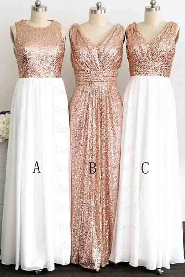 A Line Gliiter Rose Gold Sequins White Chiffon Long Bridesmaid Dresses Prom Dress WK583