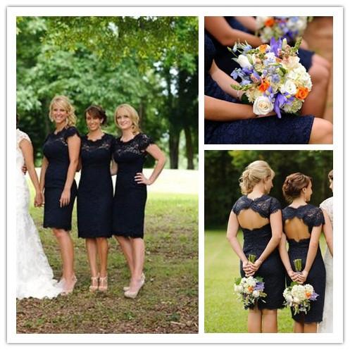 Lace Short Open Back Cheap Navy Blue Cap Sleeve Mermaid Bridesmaid Dresses WK122