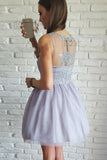 A-Line V-Neck Short Lilac Above Knee Tulle Appliques Homecoming Dress with Lace WK322