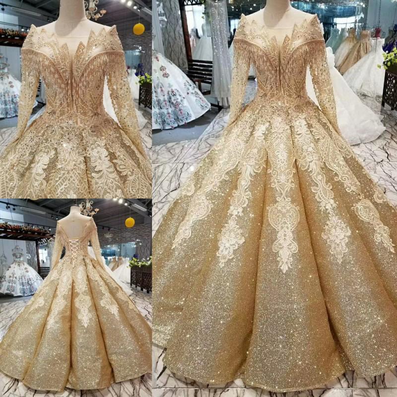 Ball Gown Gold Long Sleeves Lace Appliques Sequins Open Back Beads Quinceanera Dresses WK894