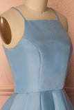 A Line Blue Halter Sleeveless Short Satin Knee Length Homecoming Dress WK601