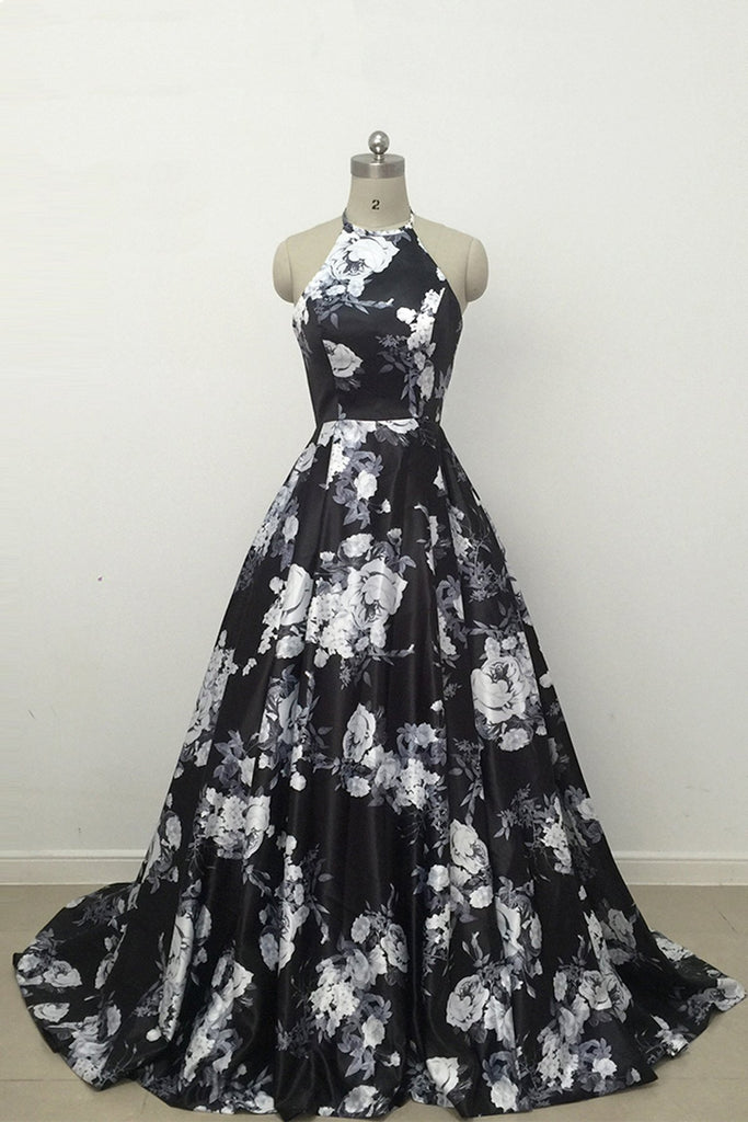 Cute Black and White Floral Satin Halter Vintage Print A-Line High Waisted Prom Dresses WK842