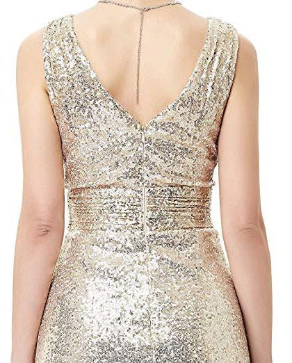 A Line Sequin V Neck V Back Sleeveless Gold Ruffles Maxi Evening Prom Dresses WK336