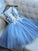 A Line V Neck Blue Tulle Cheap Beads Short Homecoming Dresses with Lace Appliques WK05
