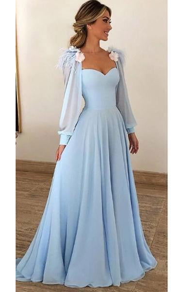 Blue Long Sleeves Sweetheart Prom Dresses A Line Long Evening Dresses WK307