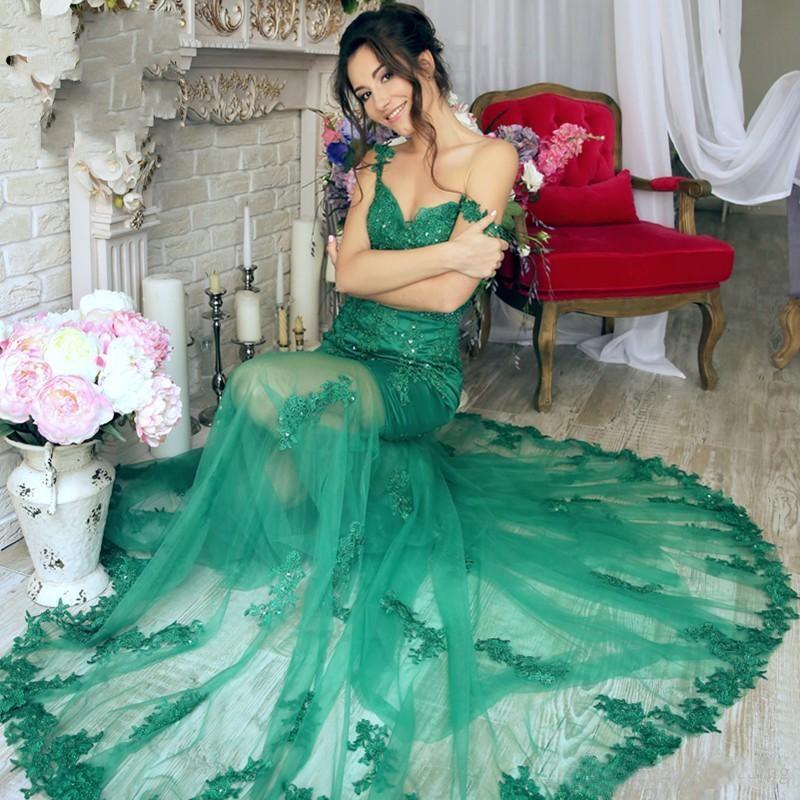 Gorgeous Green Mermaid V-Neck Lace Applique Sequins Beaded Tulle Prom Dresses WK131