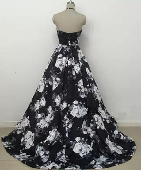 Cute Black and White Floral Satin Halter Vintage Print A-Line High Waisted Prom Dresses WK842