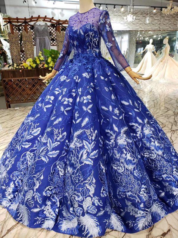 Ball Gown Blue Round Neck Prom Dresses with Beads Lace up Quinceanera Dresses WK784