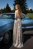 Charming Cap Sleeve Blue Lace Open Back A-Line Tulle Scoop Floor-Length Prom Dresses WK521