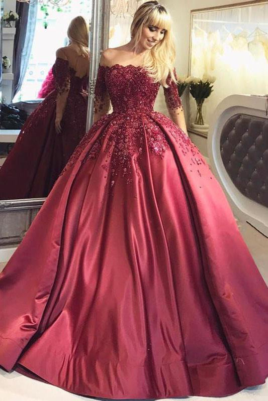 2024 Dark Red Lace Long Sleeve Prom Dress Off-the-Shoulder Ball Gown Quinceanera Dress WK392