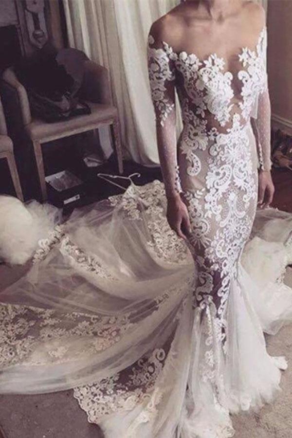 Illusion Neckline Lace Appliques Mermaid Long Sleeves Chapel Train Wedding Dress WK295