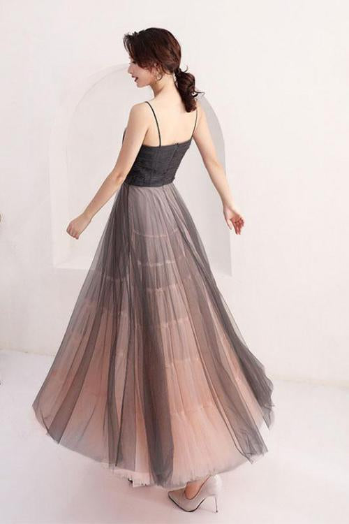 A Line Scoop Spaghetti Straps Black Tulle Prom Dresses Long Evening Dresses WK824