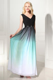 A-Line Ombre Long Chiffon Formal Dress V-Neck Black Sleeveless Lace up Prom Dresses WK371