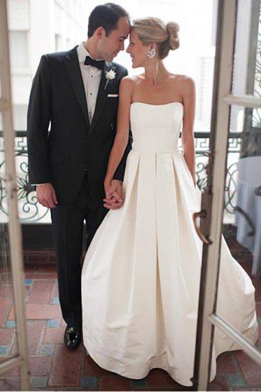 A-Line Sweetheart Strapless Backless Floor-Length Ivory Satin Wedding Dresses with Ruched WK276