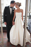 A-Line Sweetheart Strapless Backless Floor-Length Ivory Satin Wedding Dresses with Ruched WK276