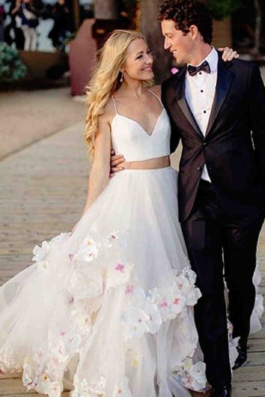 Stylish A-Line Two Piece Spaghetti Straps V-Neck Tulle Long Wedding Dresses with Flowers WK289