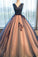 Chic Brown Long Ball Gown V-Neck Tulle Lace up Sleeveless Applique Prom Dresses WK370
