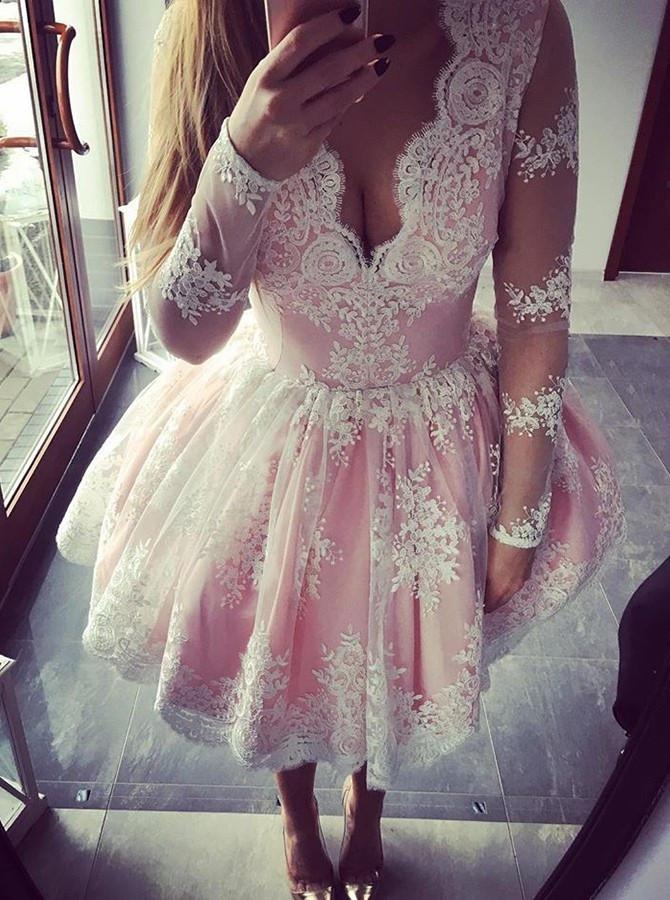 Cute A-line Long Sleeves Pink Short Lace Appliques V-Neck Homecoming Dress WK45