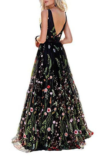 A Line Black Backless Lace Floral Long Sleeveless V Neck Formal Dresses Prom Dresses WK326