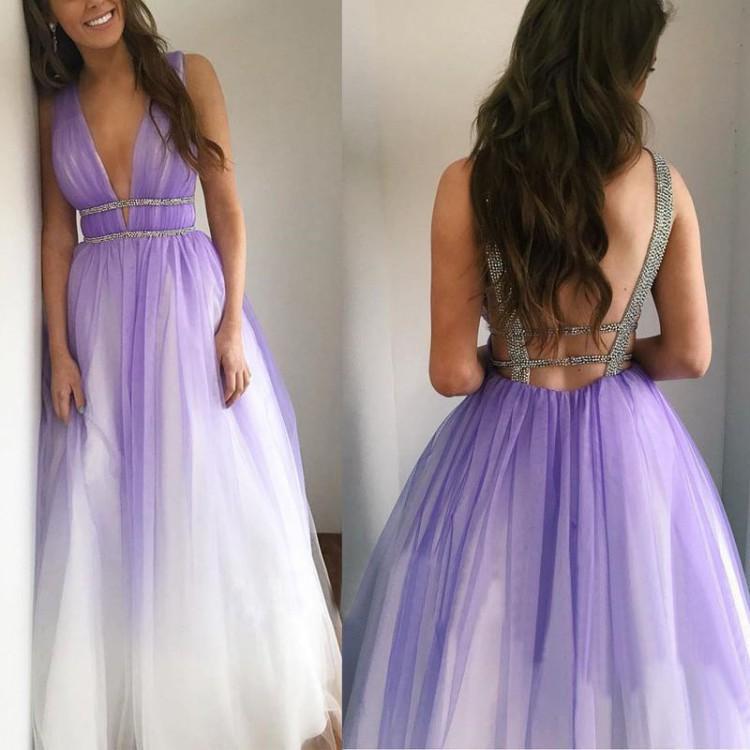 Ombre Open Back Deep V Neck Long Tulle Purple Backless Beading Prom Dresses WK77