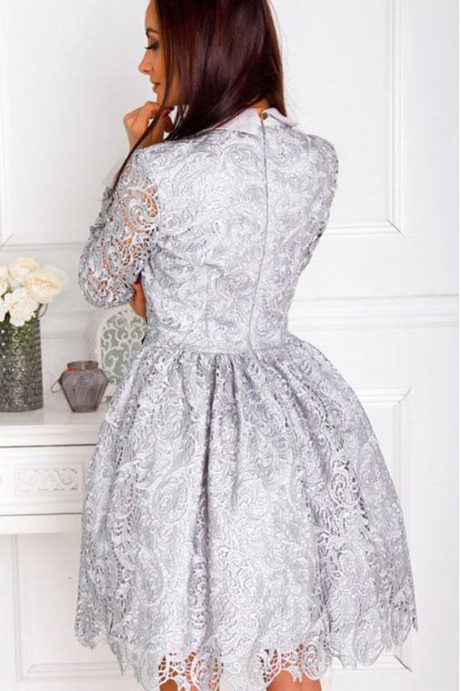A-Line Crew Long Sleeves Above Knee Grey Lace Short Homecoming Dresses WK19
