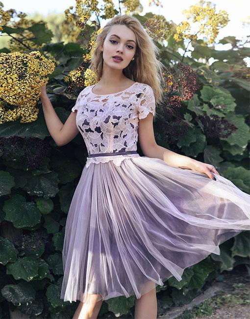 Short Sleeves Scoop Lace Homecoming Dresses A line Cheap Pink Short Prom Dresses WK930