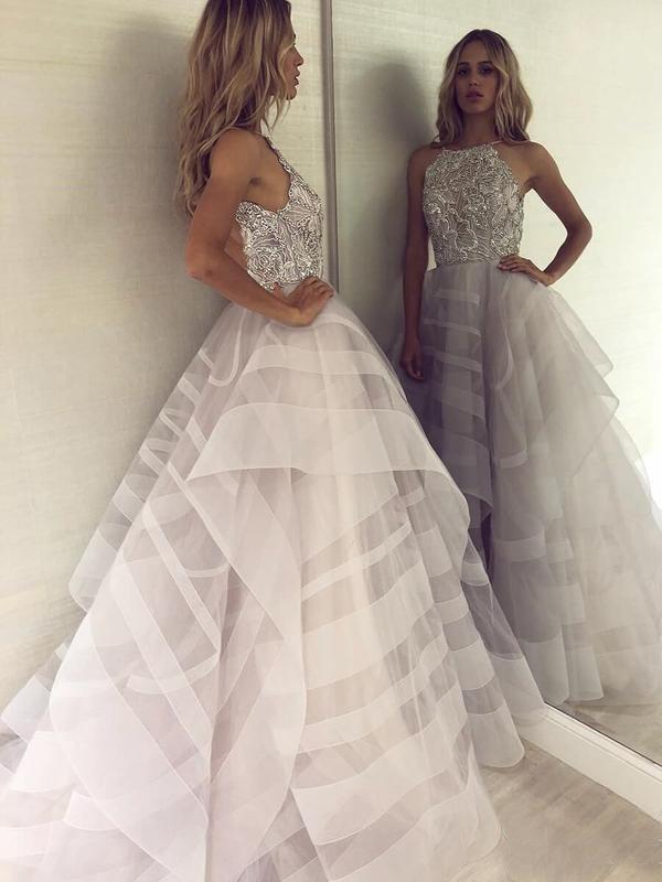 Chic A-Line Scoop Tulle Sparkly Beading Ball Gown Asymmetrical Backless Prom Dresses WK302