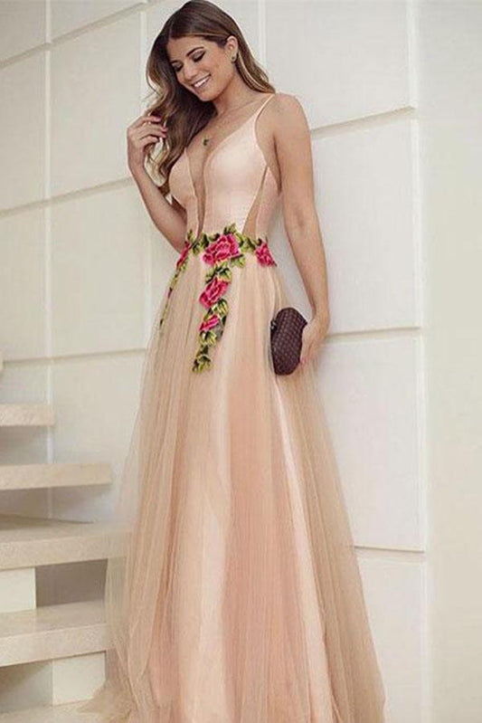 Elegant A Line V Neck Spaghetti Straps Tulle Sleeveless Appliques Long Prom Dresses WK693