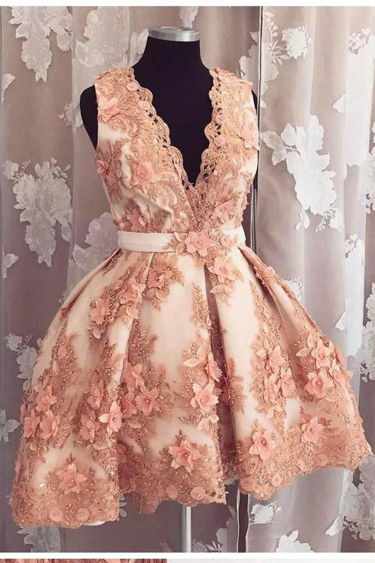 Cute A-line Deep-V Neck Lace Appliqued Short Prom Dress Beads Homecoming Dresses WK617