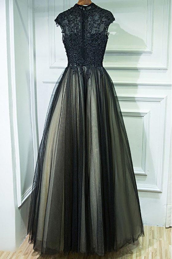 Vintage A Line Chic Long Black Lace Cap Sleeves High Neck Beads Appliques Prom Dresses WK76