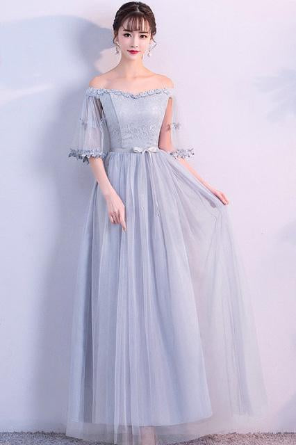 Off the Shoulder Blue Short Sleeve Tulle Bridesmaid Dresses Floor Length Wedding Party Dress WK917