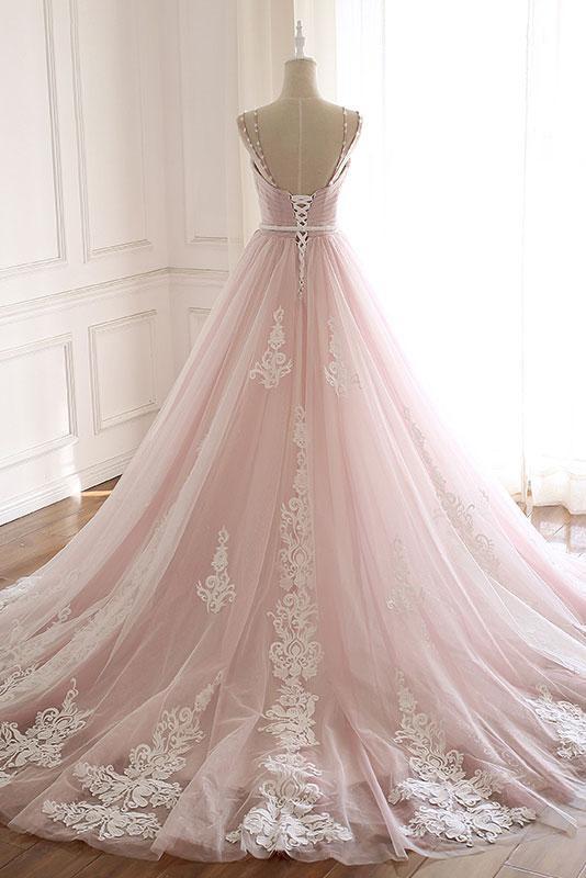 Unique A Line Pink Sweetheart Tulle Spaghetti Straps Long Lace Prom Dresses WK219