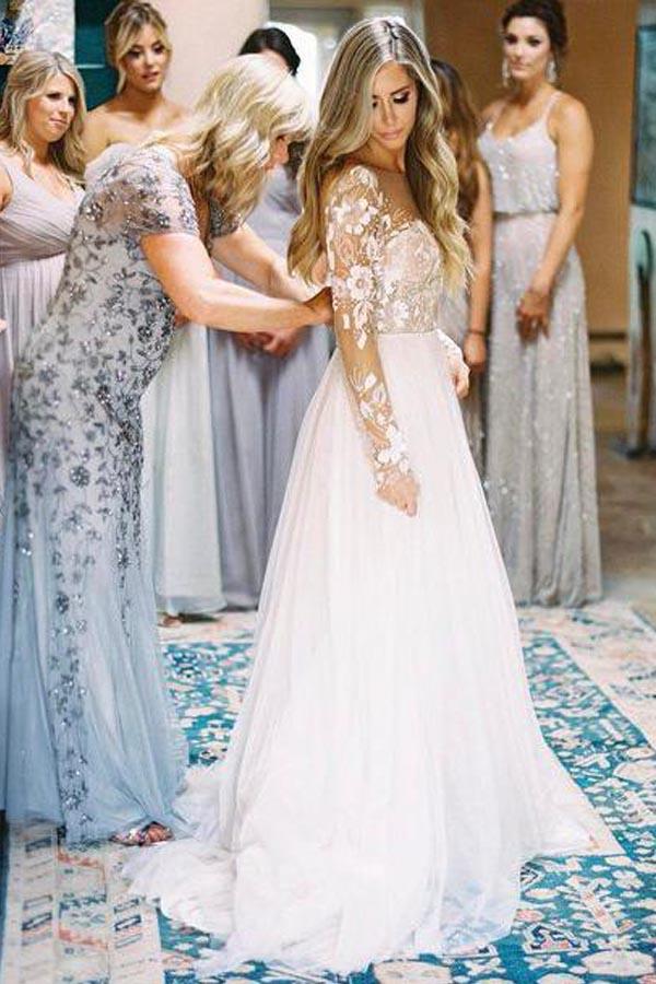 A Line Long Sleeve Deep V Neck Tulle Open Back Lace Appliques Wedding Dresses WK144