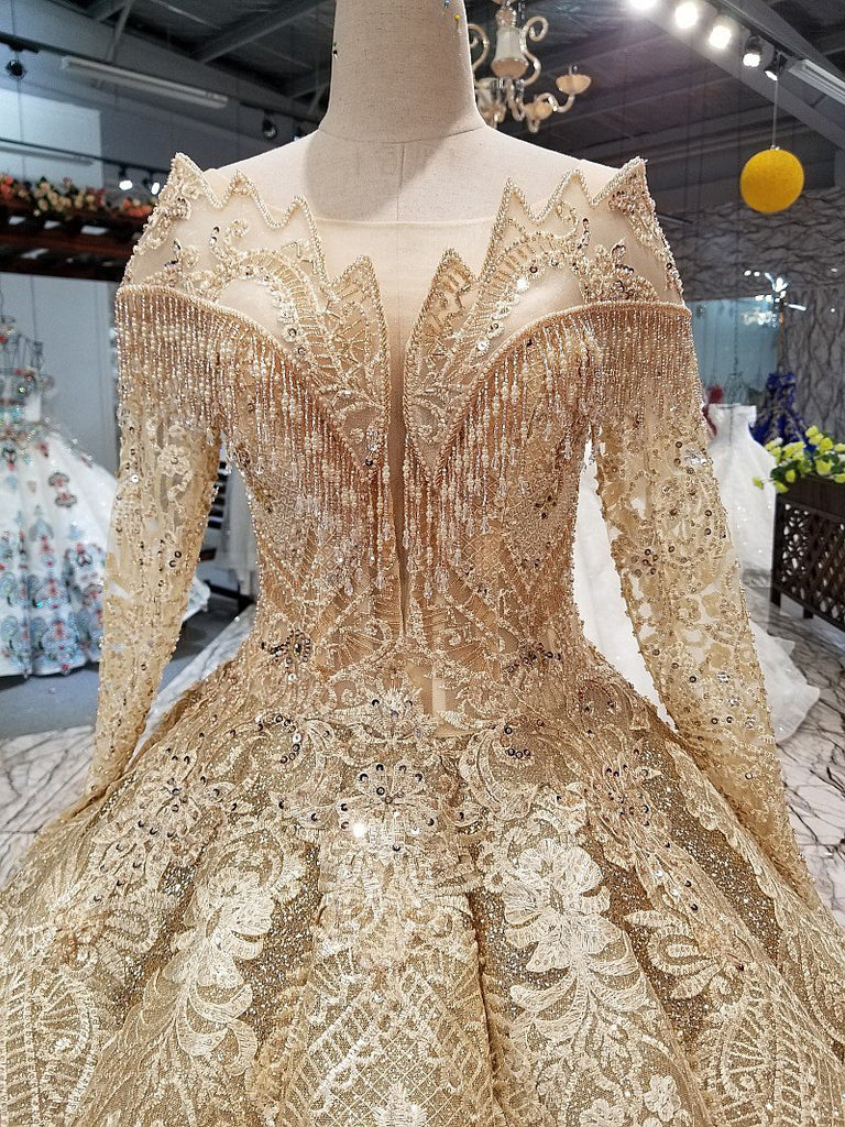 Ball Gown Gold Long Sleeves Lace Appliques Sequins Open Back Beads Quinceanera Dresses WK894