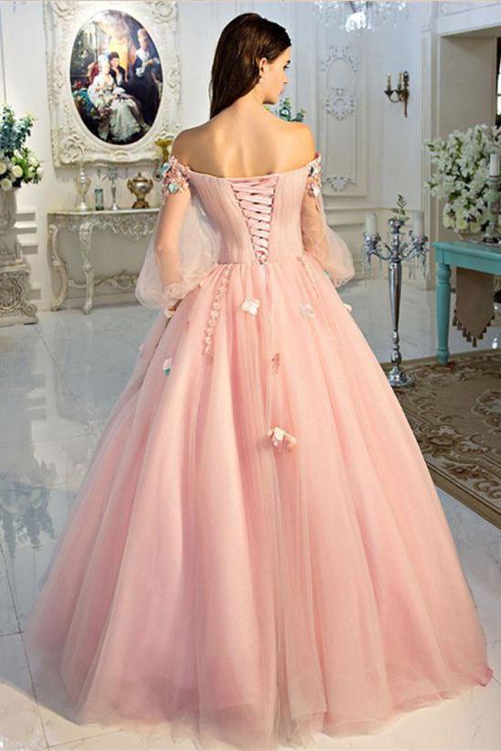 A Line Long Sleeve Pearl Pink Ball Gown Off the Shoulder Long Floral Fairy Prom Dresses WK261